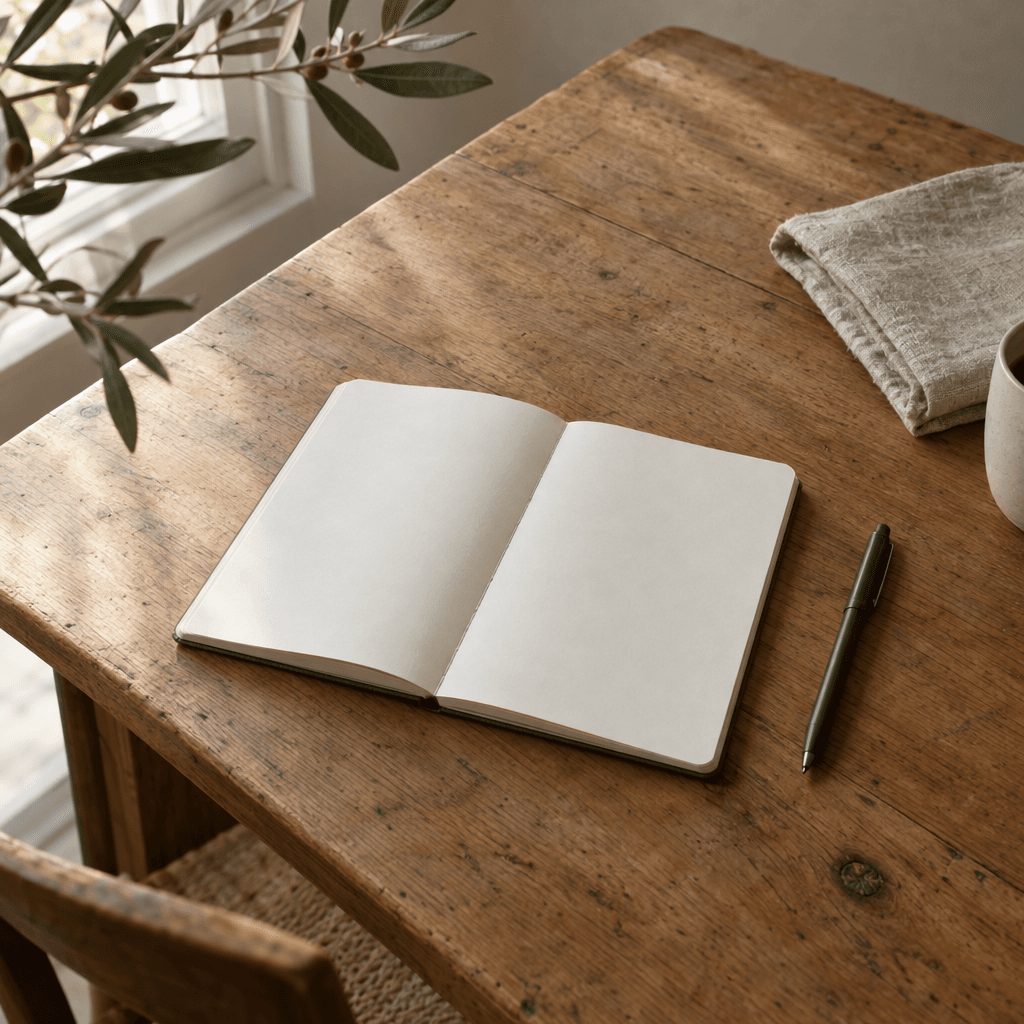 An open blank journal and olive pen on a quiet table in morning light